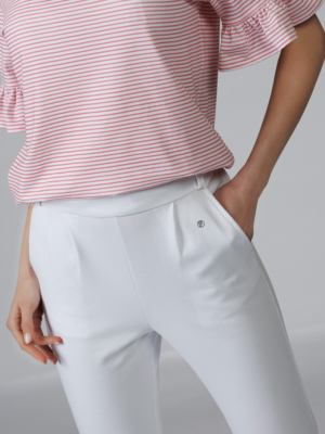 Women organic cotton white tapered leg pants pink striped t-shirt
